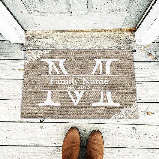 Monogram Rustic Burlap & Lace Familienaam Deurmat