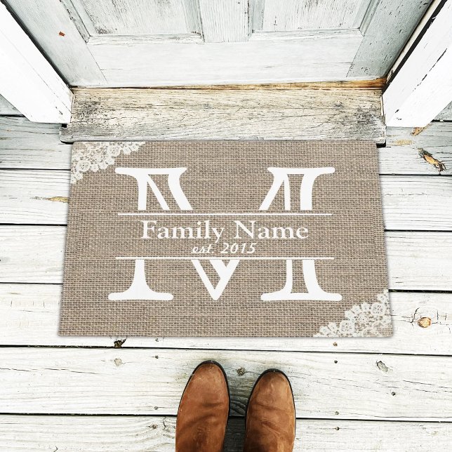 Monogram Rustic Burlap & Lace Familienaam Deurmat (Creator heeft geüpload)