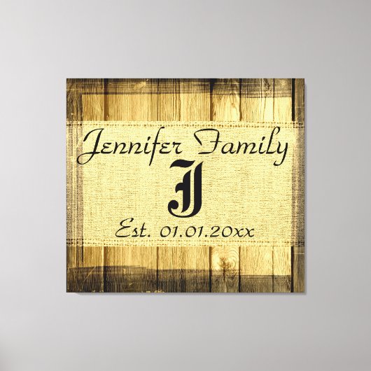 Monogram Rustic Burlap Linen Wood Kijk uit Canvas Afdruk (Voorkant)