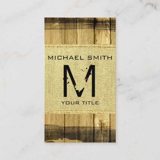 Monogram Rustic Burlap Wood Kijk Visitekaartje (Voorkant)
