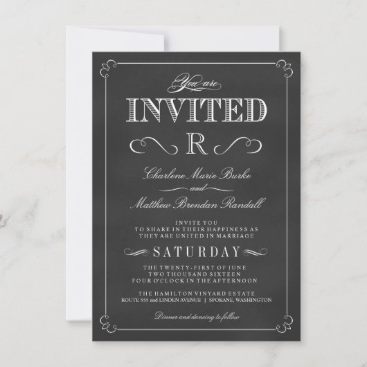 Monogram Rustic Chalkboard Wedding Invitations Kaart (Voorkant)