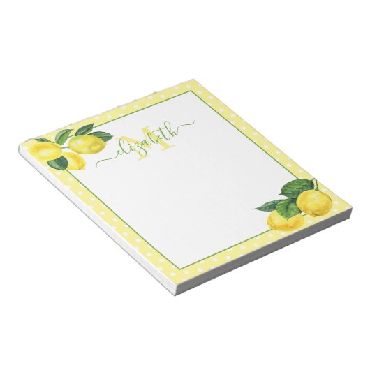 Monogram rustic country lemon waterverf polka dot notitieblok (Schuin)