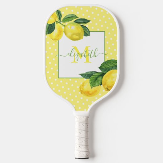 Monogram rustic country lemon waterverf polka dot pickleball paddle (Voorkant)
