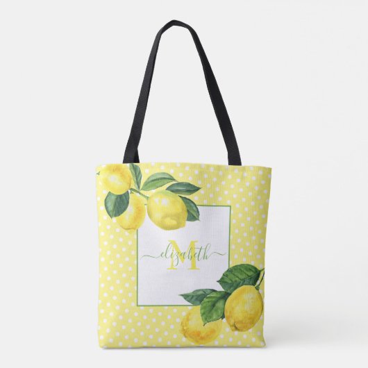 Monogram rustic country lemon waterverf polka dot tote bag (Achterkant)