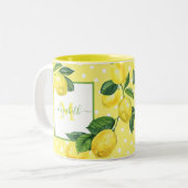 Monogram rustic country lemon waterverf polka dot tweekleurige koffiemok (Voorkant links)