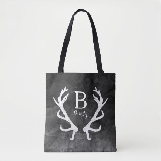 Monogram Rustic Deer Antlers op zwarte Waterverf Tote Bag (Voorkant)