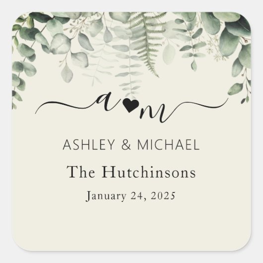 Monogram Rustic Eucalyptus Wedding Vierkante Sticker (Voorkant)