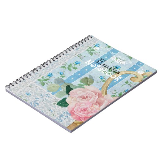 Monogram rustic floral pink Blue Antique artwork Notitieboek (Linkerzijde)