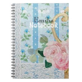 Monogram rustic floral pink Blue Antique artwork Notitieboek