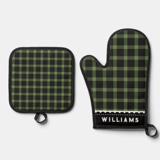 Monogram Rustic Green Plaid Ovenwant & Pannenlap Set (Voorkant)