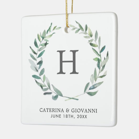 Monogram Rustic Greenery Foto Wedding Favor Keramisch Ornament (Links)