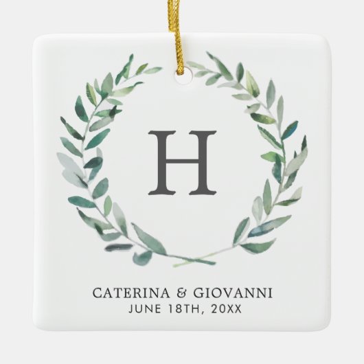 Monogram Rustic Greenery Foto Wedding Favor Keramisch Ornament (Voorkant)