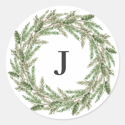 Monogram Rustic Greenery Pine Wreath Holiday Ronde Sticker (Voorkant)