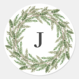 Monogram Rustic Greenery Pine Wreath Holiday Ronde Sticker