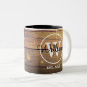 Monogram Rustic Hout Elegante Script Persoonlijk Tweekleurige Koffiemok (Voorkant rechts)