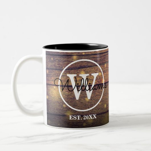 Monogram Rustic Hout Elegante Script Persoonlijk Tweekleurige Koffiemok (Links)