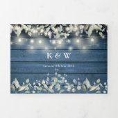Monogram Rustic String Lights Floral Photo Wedding Drieluik Uitnodiging (Cover)