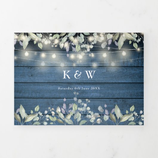 Monogram Rustic String Lights Floral Photo Wedding Drieluik Uitnodiging (Cover)