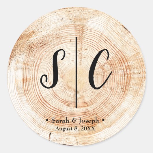 Monogram Rustic Wedding Wood disk plaat Ronde Sticker (Voorkant)