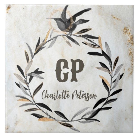 Monogram Rustic White Marble Bird WreatCustom Tegeltje (Voorkant)