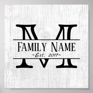 Monogram Rustic White Wood Familienaam Poster