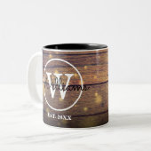 Monogram Rustic Wood Elegant script op maat Tweekleurige Koffiemok (Voorkant links)