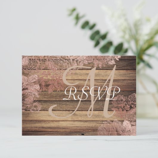 Monogram Rustic Wood Roos Lace Wedding RSVP (Staand voorkant)