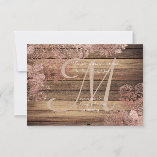 Monogram Rustic Wood Roos Lace Wedding RSVP (Achterkant)