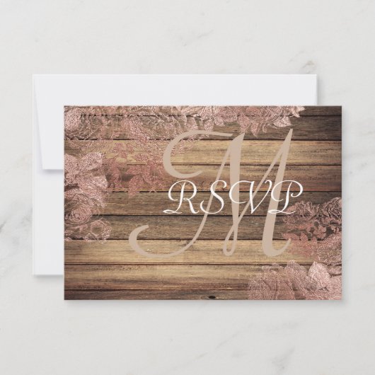 Monogram Rustic Wood Roos Lace Wedding RSVP Kaartje (Voorkant)