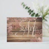 Monogram Rustic Wood Roos Lace Wedding RSVP Kaartje (Staand voorkant)