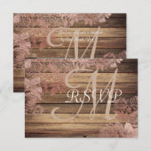 Monogram Rustic Wood Roos Lace Wedding RSVP Kaartje (Voorkant / Achterkant)