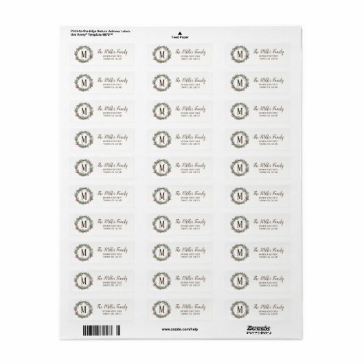 Monogram Rustic Wreath Return Address Labels (Full Sheet)