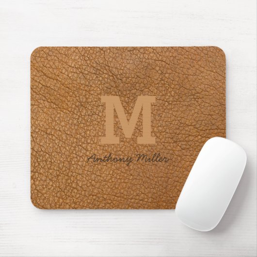 Monogram Rustiek Bruin Leer Naam Script Modern Muismat (Met muis)