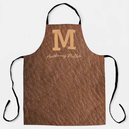 Monogram Rustiek Bruin Leer Naam Script Modern Schort (Voorkant)