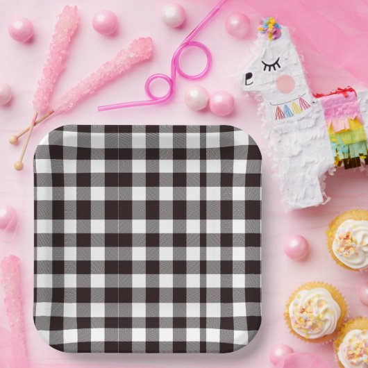 Monogram Rustiek Chic Bruin en Wit Plaid Papieren Bordje (Feest)