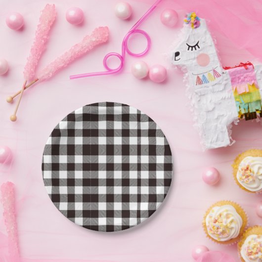 Monogram Rustiek Chic Bruin en Wit Plaid Papieren Bordje (Feest)