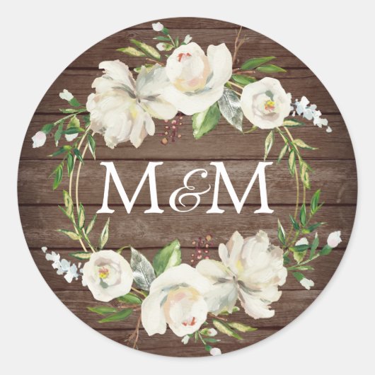 Monogram Rustiek Hout Antiek Wit Bloemen Bruiloft Ronde Sticker (Voorkant)