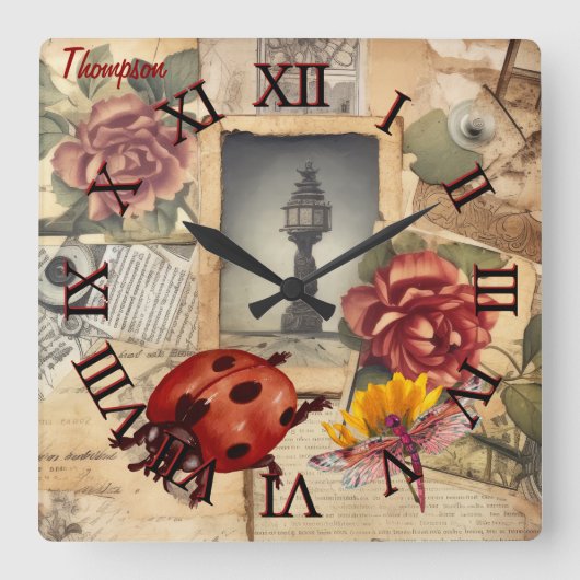 Monogram rustieke achtergrond bloemen en libellen vierkante klok (Voorkant)