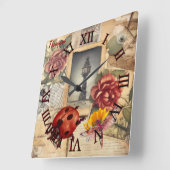 Monogram rustieke achtergrond bloemen en libellen vierkante klok (Hoek)