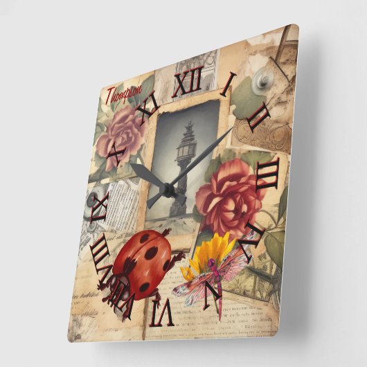 Monogram rustieke achtergrond bloemen en libellen vierkante klok (Hoek)