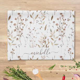 Monogram Rustieke Elegante Bruine Wildflowers Blad Theedoek