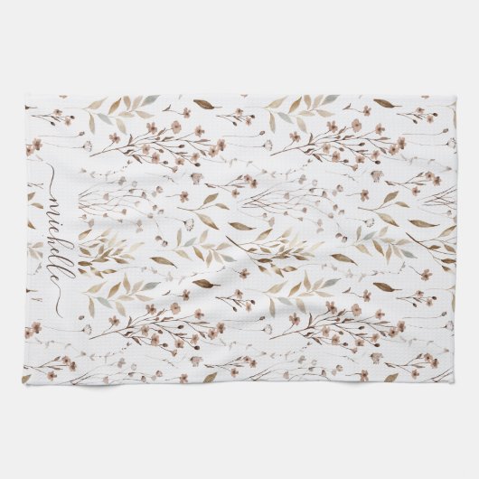 Monogram Rustieke Elegante Bruine Wildflowers Blad Theedoek (Horizontaal)