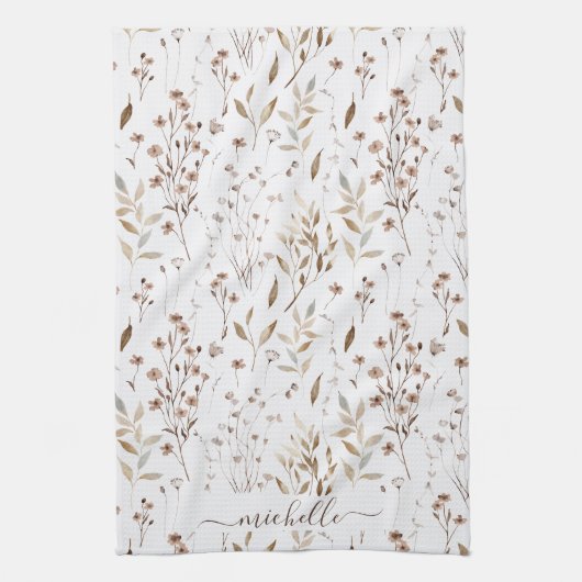 Monogram Rustieke Elegante Bruine Wildflowers Blad Theedoek (Verticaal)