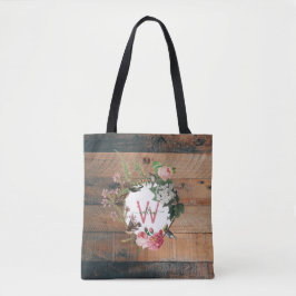 Monogram rustieke houten bloemen tote bag