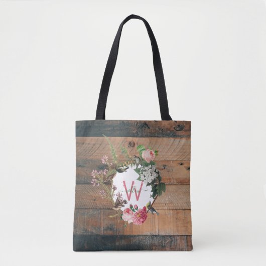 Monogram rustieke houten bloemen tote bag (Voorkant)