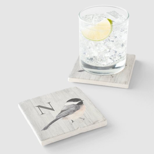 Monogram Rustieke Houtnerf Waterverf Vogel Stenen Onderzetter (Zijkant)