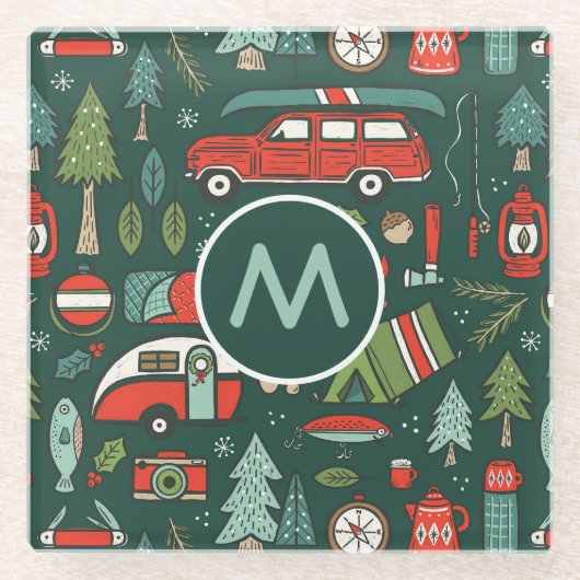 Monogram rustieke kerstcamping glazen onderzetter (Voorkant)