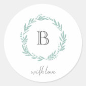 Monogram rustieke krans met liefde bruiloft ronde sticker (Voorkant)