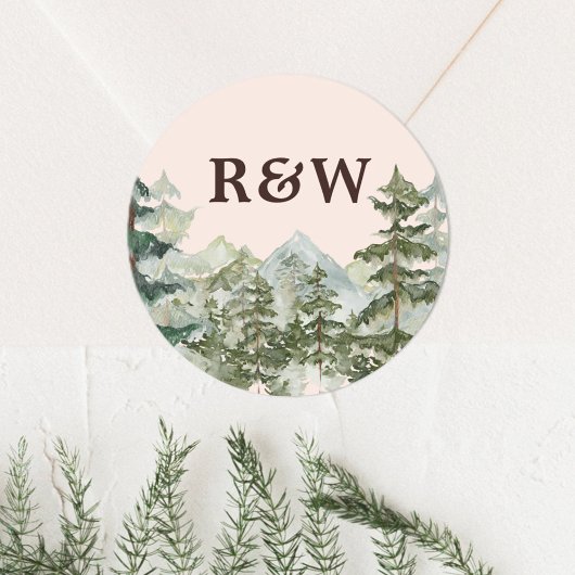 Monogram rustieke Waterverf bos berg bruiloft Ronde Sticker