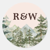 Monogram rustieke Waterverf bos berg bruiloft Ronde Sticker (Voorkant)